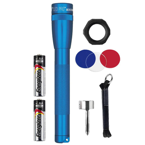 Ultra Compact LED 2 Cell AA Pro Flashlight With Twist Focus Beam Go To Workhorse Anti Roll Lens Holder in black and accessories