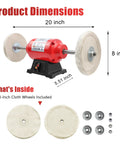 Heavy Duty Bench Buffer With Dual Eight Inch Buffing Wheels, High Speed Polishing Machine For Jewelry Metal Wood And Kitchen Knives, Badass Daily Grind Tool dimensions showing 20 inch width, 8 inch wheels, and included cloth wheels.