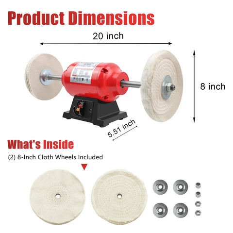 Heavy Duty Bench Buffer With Dual Eight Inch Buffing Wheels, High Speed Polishing Machine For Jewelry Metal Wood And Kitchen Knives, Badass Daily Grind Tool dimensions showing 20 inch width, 8 inch wheels, and included cloth wheels.