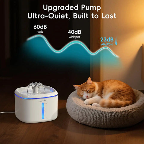 Ultra Quiet Cat Water Fountain With 84oz Capacity, 2.5L Automatic Pet Water Dispenser beside sleeping cat, noise levels displayed