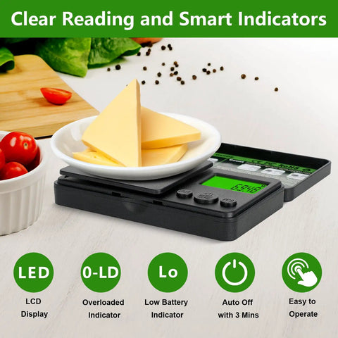 Portable Digital Pocket Scale 0.01 to 1000 g Precision Gram Scale With 7 Units And Tare Function LCD Display Backlit with cheese