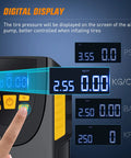 Digital Tire Inflator Portable Air Compressor Pump Tough Guy Workhorse showing digital pressure display and settings for tire inflation.