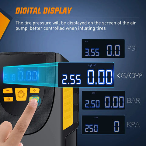Digital Tire Inflator Portable Air Compressor Pump Tough Guy Workhorse showing digital pressure display and settings for tire inflation.