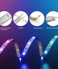 65.6 Ft RGB LED Strip Lights With 24V Smart Control App And IR Remote, showing cuttable strips, adhesive, and well-wired designs