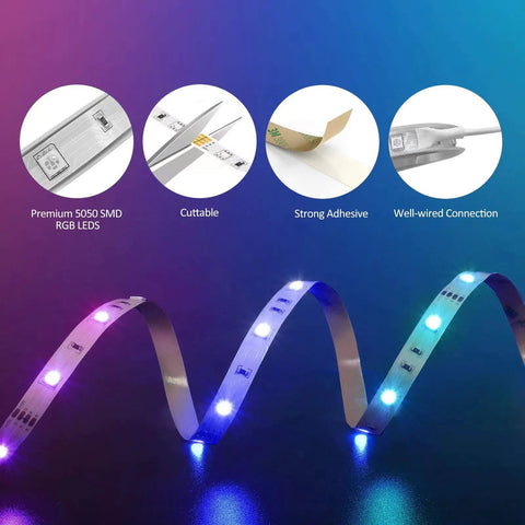 65.6 Ft RGB LED Strip Lights With 24V Smart Control App And IR Remote, showing cuttable strips, adhesive, and well-wired designs