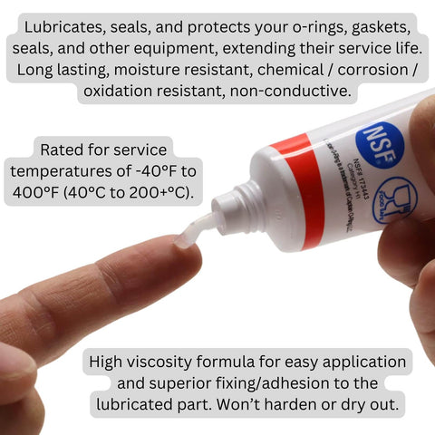 Person applying Food Grade Silicone Lubricant For O Rings And Gaskets That Keeps Faucets Plumbing Pool Spa And Valves Running Smooth NSF H1 Certified 1.76 Oz 50 G O Ring Grease For Automotive Marine Drinking Water Systems onto fingertip from tube