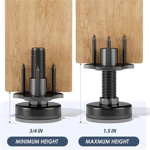 Heavy Duty Eight Piece Adjustable Leveling Feet for Furniture with Three Eighths Inch Threads showing minimum and maximum height adjustment levels