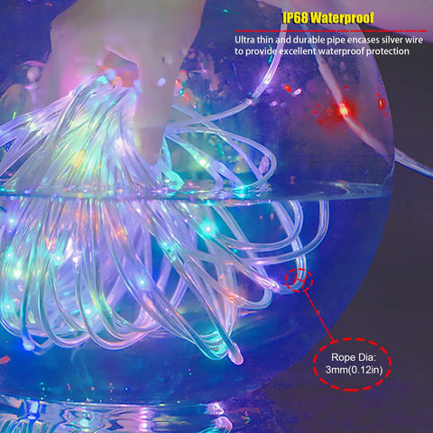 66ft Waterproof LED Rope Lights with remote submerged in water, showcasing color changing feature and IP68 waterproof ability