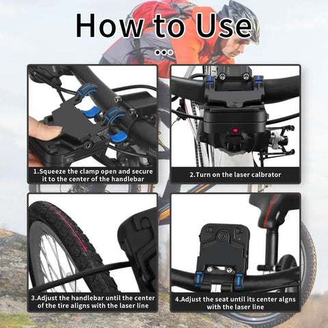 Dead Center Bike Laser Calibrator Rechargeable Wheel Handlebar Alignment Tool With Bang On Half Millimeter Precision Waterproof Build For Road Mountain Folding Cycles Quick Install Zero Sweat Setup Always Runs Tight showing installation steps on handlebars and tire alignment.