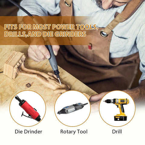 Man using Pro Grade Wood Carving Drill Bits Set For Dremel Rotary Tool on wooden block with engraving kit