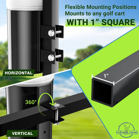 Universal Golf Cart Sand Bottle With A Tight Secure Holder Featuring Hassle Free No Drill Install, shown mounted with adjustable bracket.