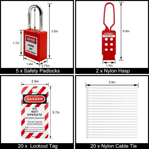 Lockout Tagout Kit For Electrical Panels And Circuit Breakers With Clamp On Lockout, Group Lockout Hasps, Tags, Cable Ties, Padlocks