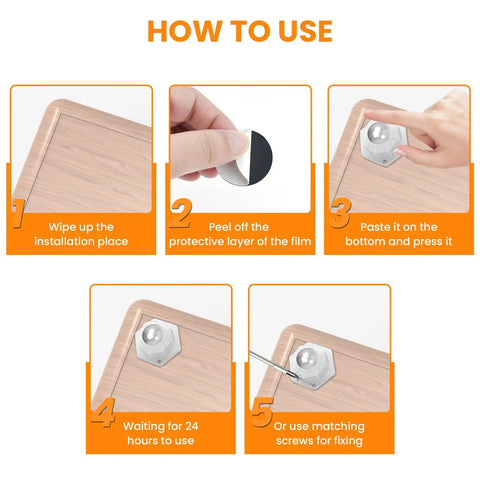 Installation guide for 4 Pack Ball Bearing Swivel Casters, showing steps to attach mini wheels on furniture with adhesive and screws.