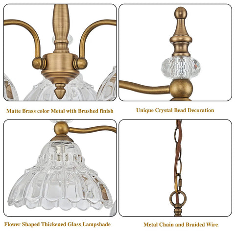 3 Light Modern Pendant Chandelier Ceiling Lamp With Glass Shade featuring brass finish, crystal bead, metal chain, and glass lampshade.