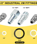 Illustration of 1/2 inch industrial I/M fittings showing FNPT, MNPT couplers for Hybrid Air Hose Half Inch By 100 Feet With Half Inch MNPT Ends Bend Restrictors And 3 Piece Coupler And Plug Kit Rubber PVC Blend Built To Last Strength Oil And Abrasion Resistance Flexible In Cold Weather From Minus 40 To 180 Fahrenheit