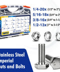 798 Piece Stainless Steel Hex Bolts And Nuts Assortment Kit With Flat And Lock Washers Includes 1/4 20, 5/16 18, 3/8 16, 1/2 13 Bolts And Nuts In Lengths From 1/2 Inch To 2 1/2 Inches Heavy Duty Pro Grade Hardware Set For Home And Garage Projects, sizes shown