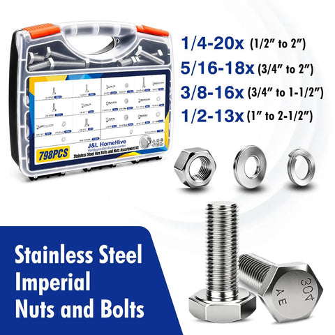 798 Piece Stainless Steel Hex Bolts And Nuts Assortment Kit With Flat And Lock Washers Includes 1/4 20, 5/16 18, 3/8 16, 1/2 13 Bolts And Nuts In Lengths From 1/2 Inch To 2 1/2 Inches Heavy Duty Pro Grade Hardware Set For Home And Garage Projects, sizes shown