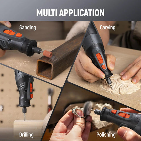 Cordless Rotary Tool Kit With 8V 2.5Ah Battery 5 Speeds Up To 30000 RPM LED Work Light 47 Piece Accessory Set in use