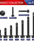 Gauge 8 By 3 4 Inch Self Drilling Screws 215 Piece Pack Hex Washer Head 410 Stainless Steel Sheet Metal Fastener Set Black Oxide Coating showcasing various screw lengths including half inch to two inch options.