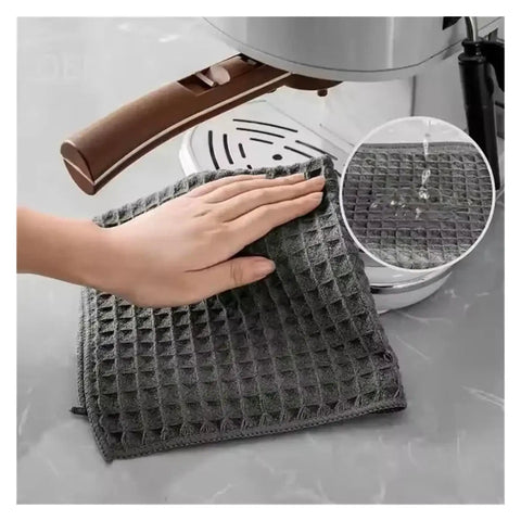 Hand using Barista Cleaning Cloth Set For Coffee Machines And Espresso Equipment Non Shedding Absorbent Towels 5 Pack