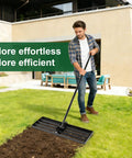 Man using Foldable Lawn Leveling Rake With 72 Inch Adjustable Handle And Detachable Carbon Steel Head for effortless lawn grading