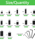 Pro Grade 1010 Piece Set Screw Kit With 25 Sizes For Metric And SAE Threads, showing various screw sizes and socket wrenches