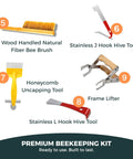Beekeeping Starter Kit With Smoke Tool And Full Hive Essentials including brush, J hook, uncapping tool, L hook, frame lifter.