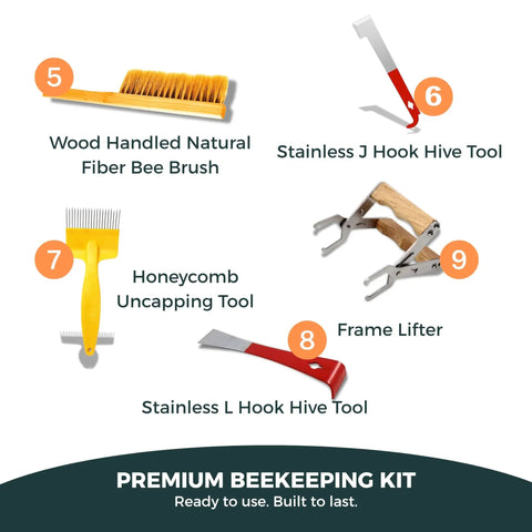 Beekeeping Starter Kit With Smoke Tool And Full Hive Essentials including brush, J hook, uncapping tool, L hook, frame lifter.