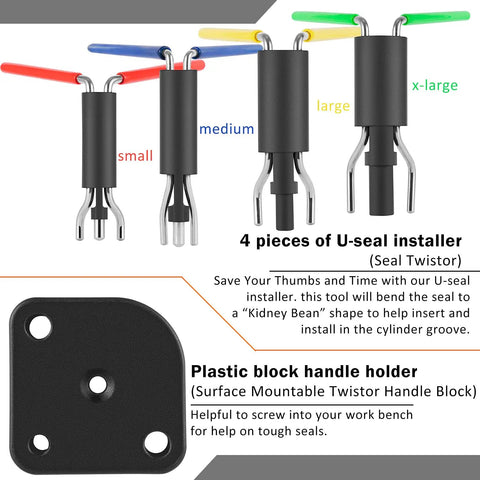 Image showing small, medium, large, and x-large U-seal installers with plastic block handle holder, part of Seventeen Piece Hydraulic Cylinder Repair Tool Set For Skid Steers, Loaders, Backhoes, And Heavy Equipment, Built For On The Job Repairs With Pro Grade Maintenance Kit For Quick Fixes And Real World Performance.