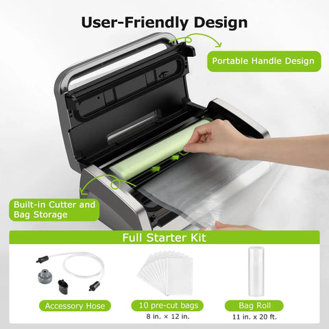 Globefish Technology Vacuum Sealer Machine for home kitchens showing built-in cutter and bag storage with starter kit items.