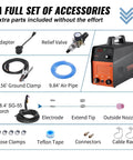50 Amp Plasma Cutter For Clean Fast Metal Cutting No Fuss Dual Voltage 110V Or 220V Inverter IGBT With Plasma Torch Cuts Aluminum And Stainless Steel Up To One Half Inch Easy Air Cutting Tool For Home Garage Or Shop with accessories including adapter, relief valve, ground clamp, air pipe, and torch.