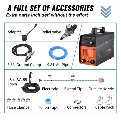 50 Amp Plasma Cutter For Clean Fast Metal Cutting No Fuss Dual Voltage 110V Or 220V Inverter IGBT With Plasma Torch Cuts Aluminum And Stainless Steel Up To One Half Inch Easy Air Cutting Tool For Home Garage Or Shop with accessories including adapter, relief valve, ground clamp, air pipe, and torch.