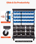 Front view of Seven Tier Double Sided Rolling Bin Storage Rack With Ninety Four Plastic Bins On Wheels Dual Sided Parts Organizer.