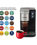 Plumbed Single Serve Office Coffee Maker With 150 Plus K Cup Varieties Brews Coffee Tea And Hot Cocoa In About A Minute Five Cup Sizes From 4 To 12 Oz Travel Mug Compatible Perfect For Busy Office Bosses shown with drink logos and red cup
