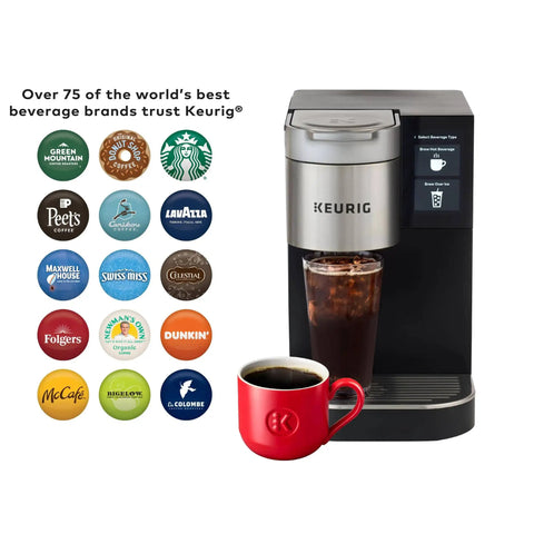 Plumbed Single Serve Office Coffee Maker With 150 Plus K Cup Varieties Brews Coffee Tea And Hot Cocoa In About A Minute Five Cup Sizes From 4 To 12 Oz Travel Mug Compatible Perfect For Busy Office Bosses shown with drink logos and red cup