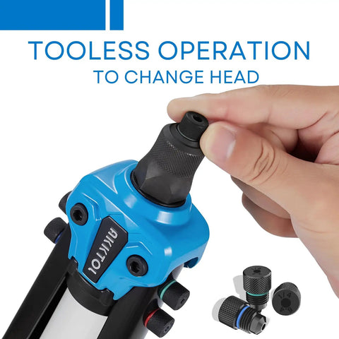 Two Handed Heavy Duty Rivet Gun Kit With 13 Inch Reach 210 Blind Rivets And Five Nosepieces Including Three Sixteenth Inch And One Eighth Inch