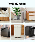 Self Adhesive 360 Degree Swivel Caster Wheels for appliances and small furniture, shown under basket, plant, drawer, PC, trash bin, and coffee maker.