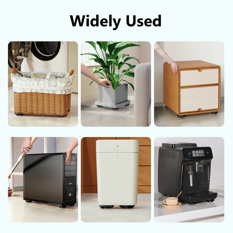 Self Adhesive 360 Degree Swivel Caster Wheels for appliances and small furniture, shown under basket, plant, drawer, PC, trash bin, and coffee maker.