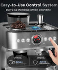 Semi Automatic Espresso Machine With Built In Grinder And Steam Milk Frother 20 Bar Pressure Pump 95 Oz Water Tank Silver coffee maker control panel with timer and bean container.
