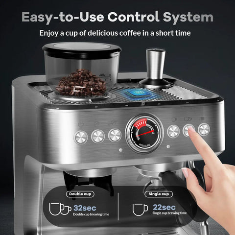 Semi Automatic Espresso Machine With Built In Grinder And Steam Milk Frother 20 Bar Pressure Pump 95 Oz Water Tank Silver coffee maker control panel with timer and bean container.