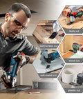 Man using Titanium Coated Oscillating Multitool Blades Kit For Wood Metal Beefy Long Lasting Saw Blades Nail Screw Cutting