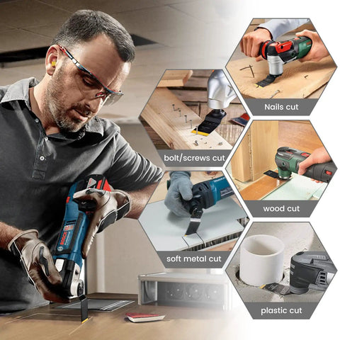 Man using Titanium Coated Oscillating Multitool Blades Kit For Wood Metal Beefy Long Lasting Saw Blades Nail Screw Cutting