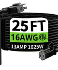 Coiled waterproof 25 Ft indoor outdoor extension cord 16 gauge 3 wire SJTW ETL with plug and specs label visible
