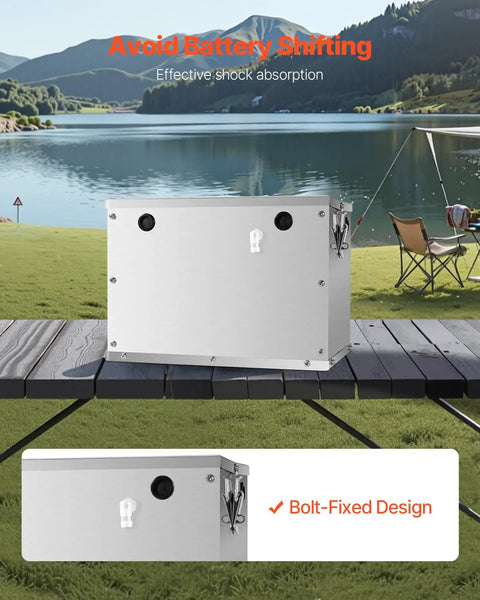 Hella Durable Aluminum Battery Box Fits Group 24 And 31 Marine Trolling Motors With Cool Airflow And Rust Proof Shield in an outdoor setting.