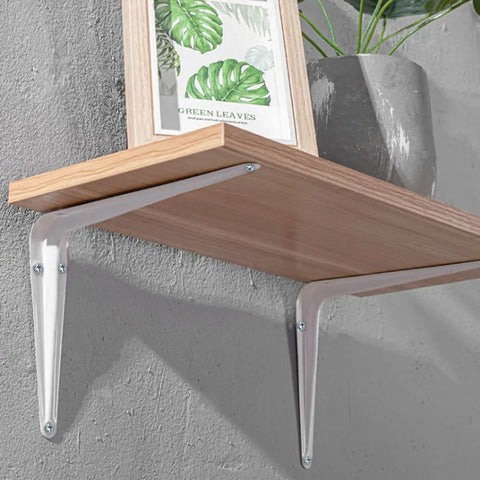 Rock Solid Heavy Duty White Shelf Brackets 10 Pack, Knockout L Brackets For Wood Planks, wooden shelf mounted on wall.