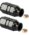 6AN Female Flare To Three Eighths Inch Compression Hardline Fitting Aluminum Black Two Pack Pro Grade For Auto Racing Fuel Oil And Air Lines With Brass Ferrule And 37 Degree Seal shown with brass ferrules.