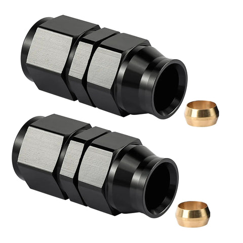 6AN Female Flare To Three Eighths Inch Compression Hardline Fitting Aluminum Black Two Pack Pro Grade For Auto Racing Fuel Oil And Air Lines With Brass Ferrule And 37 Degree Seal shown with brass ferrules.