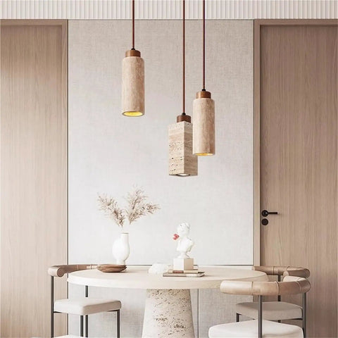 Yellow Travertine Pendant Light In Nordic Wabi Sabi Style above dining table, cylindrical E27 fixture, adjustable height