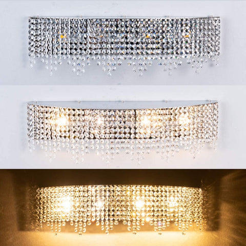 Three views of Crystal Drape Vanity Light 24 Inch Chrome Over Mirror For Powder Room, with bling crystals and luxury bathroom lighting.