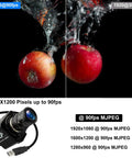 Comparison image showing 2MP Global Shutter USB Camera with 90FPS capturing an apple in water at different frame rates, emphasizing clarity.